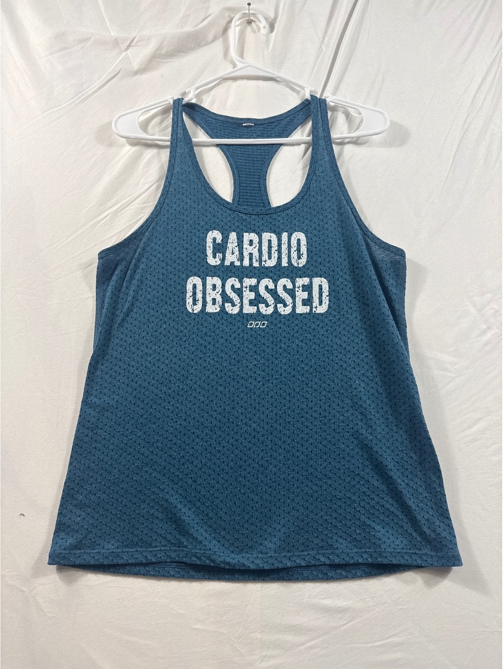 Lorna Jane Blue Mesh Racerback Tank Top with 'Cardio Obsessed' Print